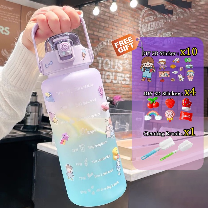 2000ml Botol Air Viral Free 2d3d Stickers Free Brush Cute Water Bottle 