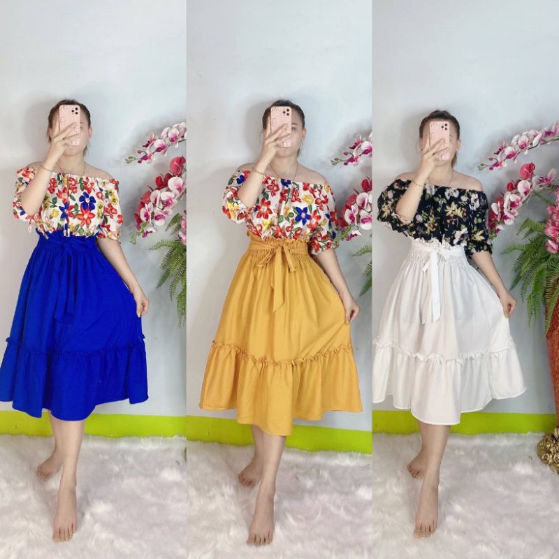 New Midi Dress Off Shoulder 2 Tone Lengan 3 suku | Shopee Malaysia