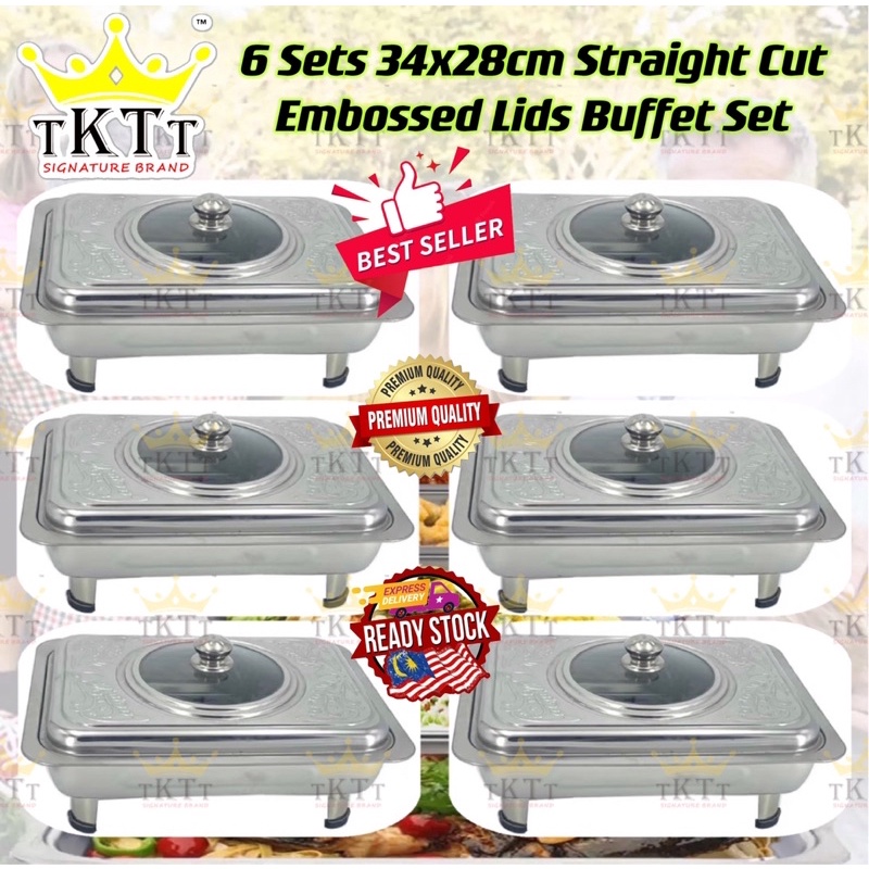 TKTT ™️ 6 Set 34x28 Embossed Lid Stainless Steel Buffet Set Catering Serving Tray Food Pan Bekas Lauk Katering Serbaguna