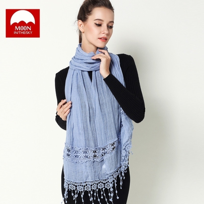 New Design Autumn and Winter Women Soft Lace Scarf Cotton thin Shawl Blue Color-M