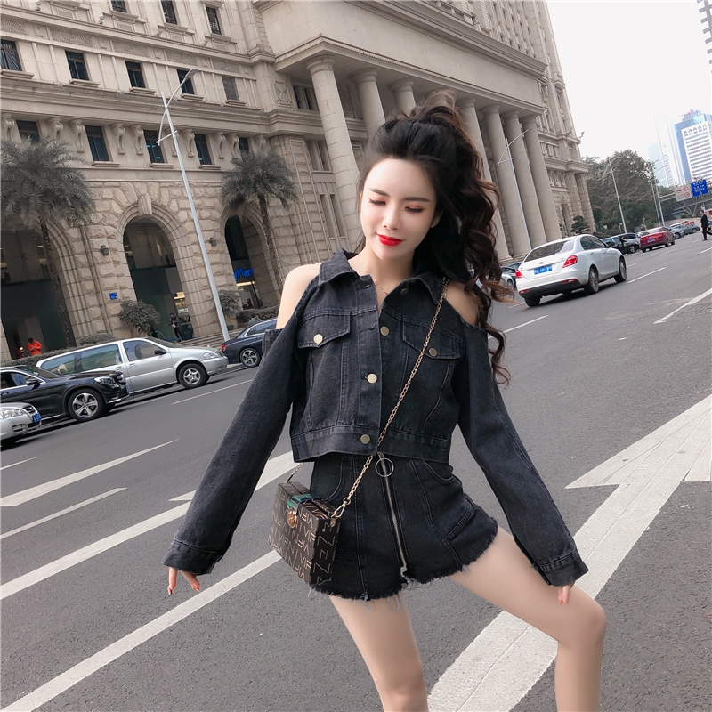 denim short and jacket set