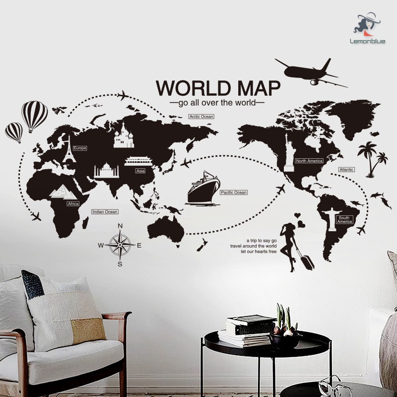 Black World Map Wall Art Black World Map Wall Decor Sticker Home Decor Wall Art Easy To Apply And  Removable | Shopee Malaysia