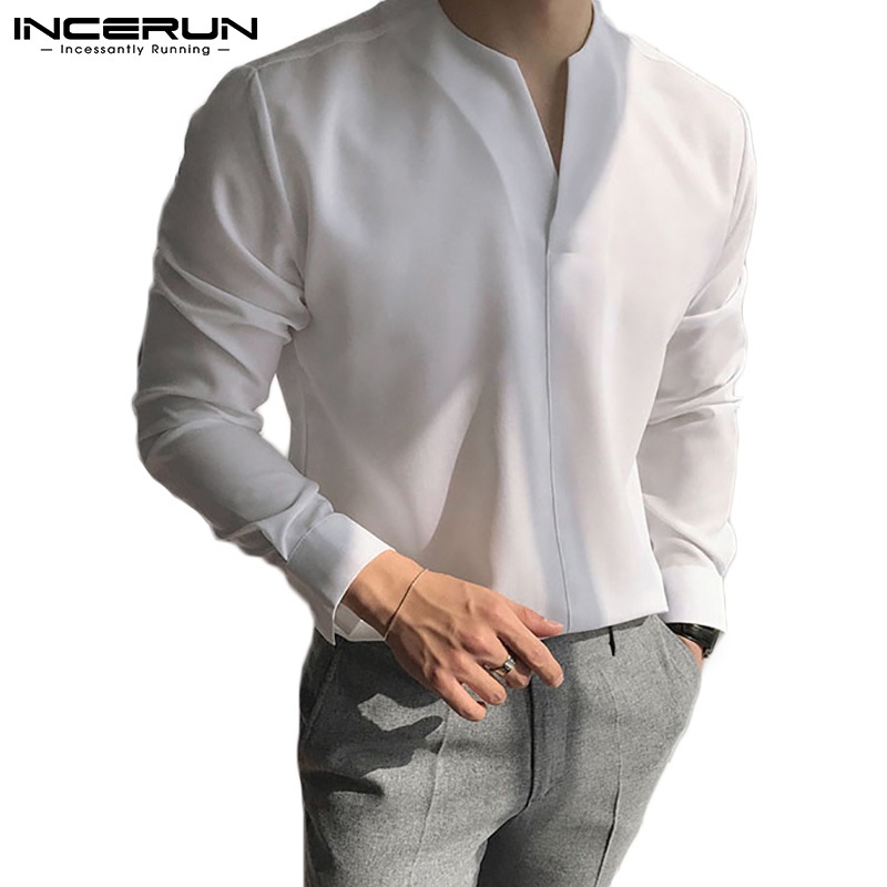 Essential Durable INCERUN Men's Fashion Korean Style V Neck Long Sleeves Leisure Soft Shirts Have - Image 2