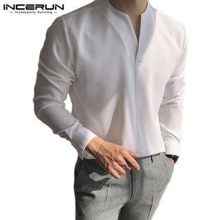 INCERUN Men's Fashion Korean Style V Neck Long Sleeves Leisure Soft Shirts