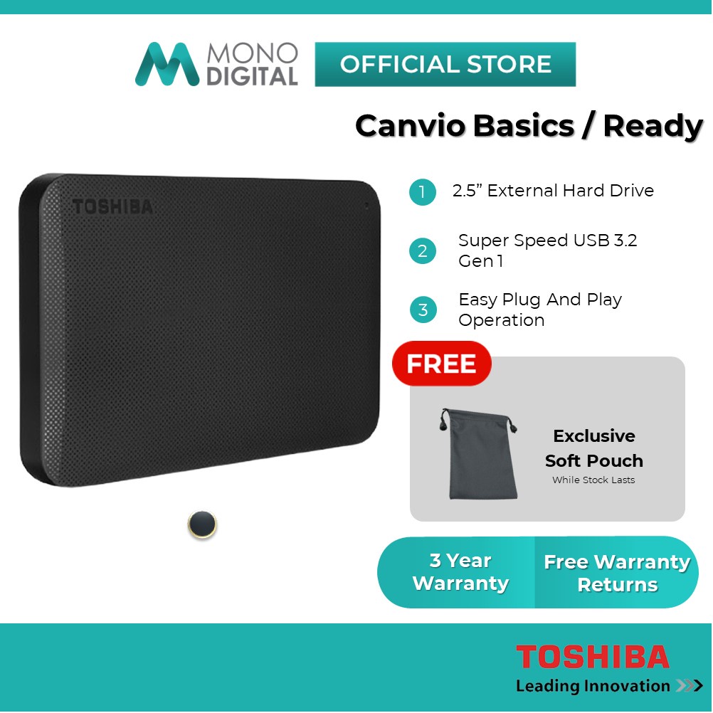 Toshiba External Hard Disk Canvio Basics /Canvio Ready Portable HDD USB 3.0 (500GB/1TB/2TB/4TB ) (Free Soft Pouch)