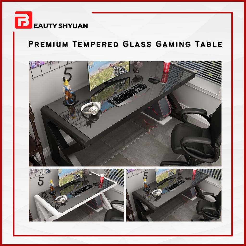 SHYUAN Black & White Premium Tempered Glass Gaming Table Study Table
