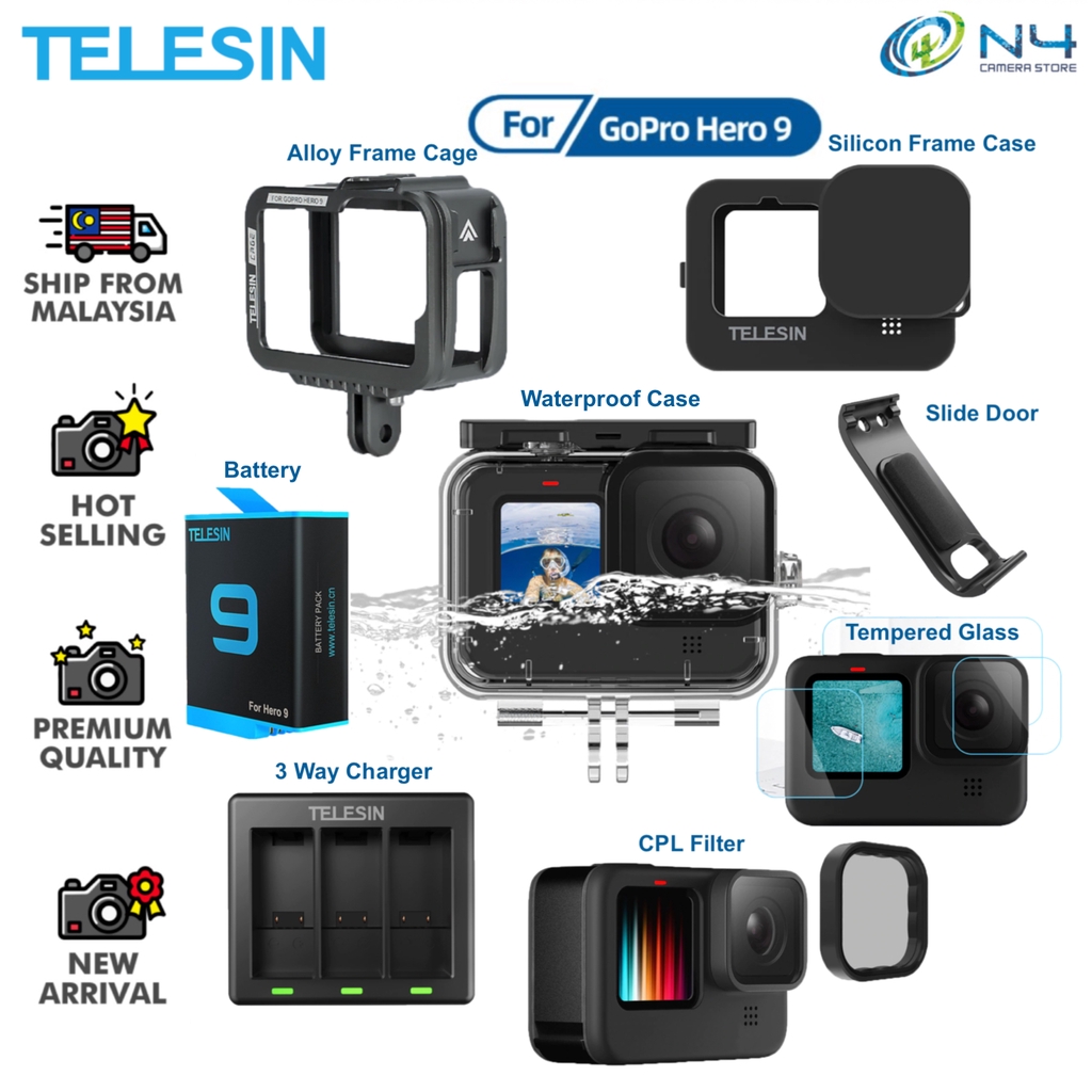 Telesin Gopro Hero 10 Hero 9 Black Accessories Waterproof Case Charging Cover Port Tempered Glass Alloy Metal Cage Cpl Shopee Malaysia