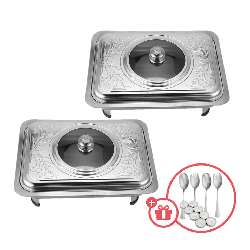 HappyCook 해피쿡 2pcs Stainless Steel Chafing Dish Combo Set With Glass Lid Buffet Tray Dulang Makanan Hidangan Keluli