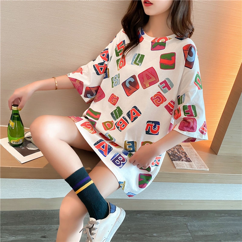 40-150kg/3Colors/Plus Size】Oversized Korean Style Women Plus Size T-shirt  Round Neck 3/4 Short Sleeves BIg Loose Cool Number Letter Printed Tee  Summer Maternity Pregnancy Cloth T-shirt Casual Top 100% Soft Cotton  Fashion Fat