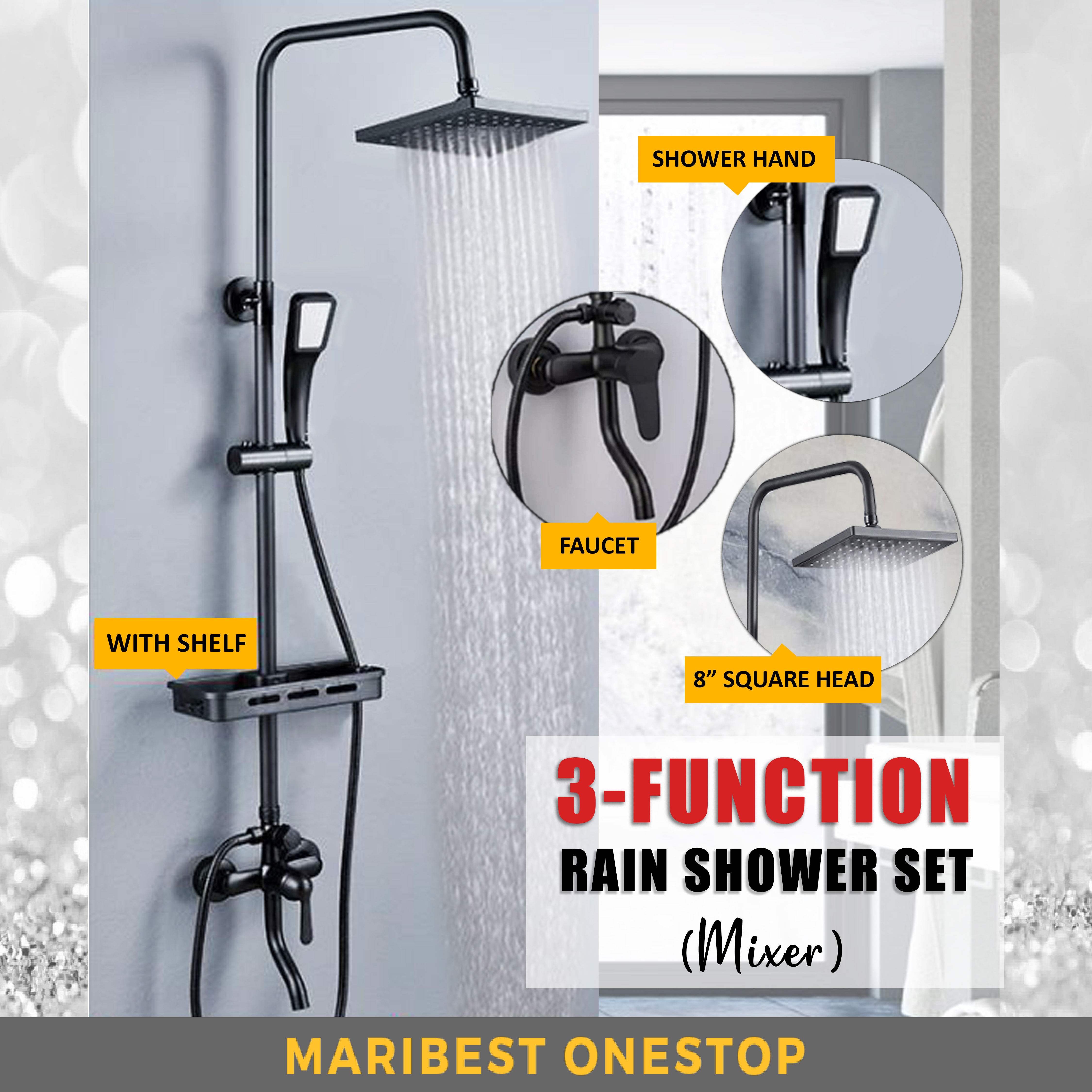 K-3 3 Function Black Square Mixer Shower Set Support Hot & Cold Water Faucet Double Outlet Stainless Steel 8''