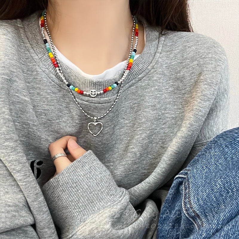 Rainbow Crystal Beaded Smiley Necklace Love Pendant Stacked Double Clavicle Chain