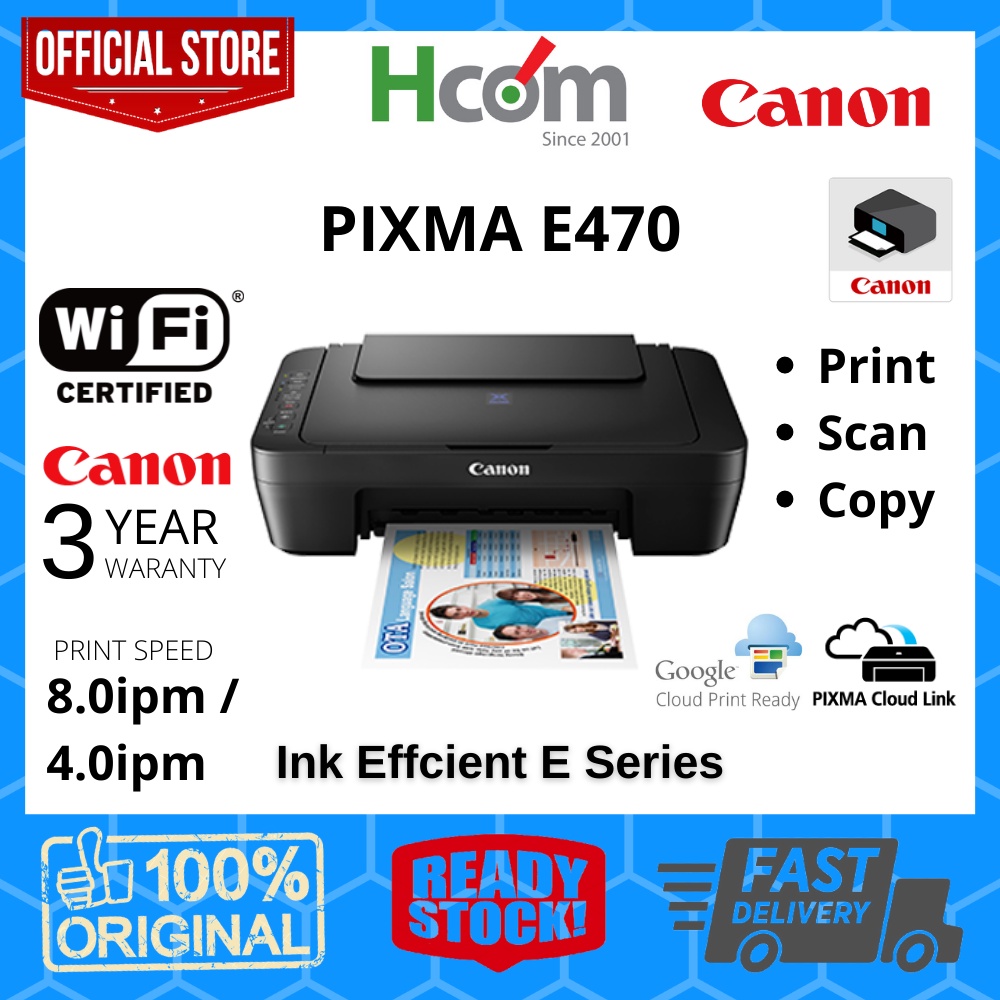 Canon PIXMA E470 All In One Wireless Ink Efficient Printer Print/Scan ...