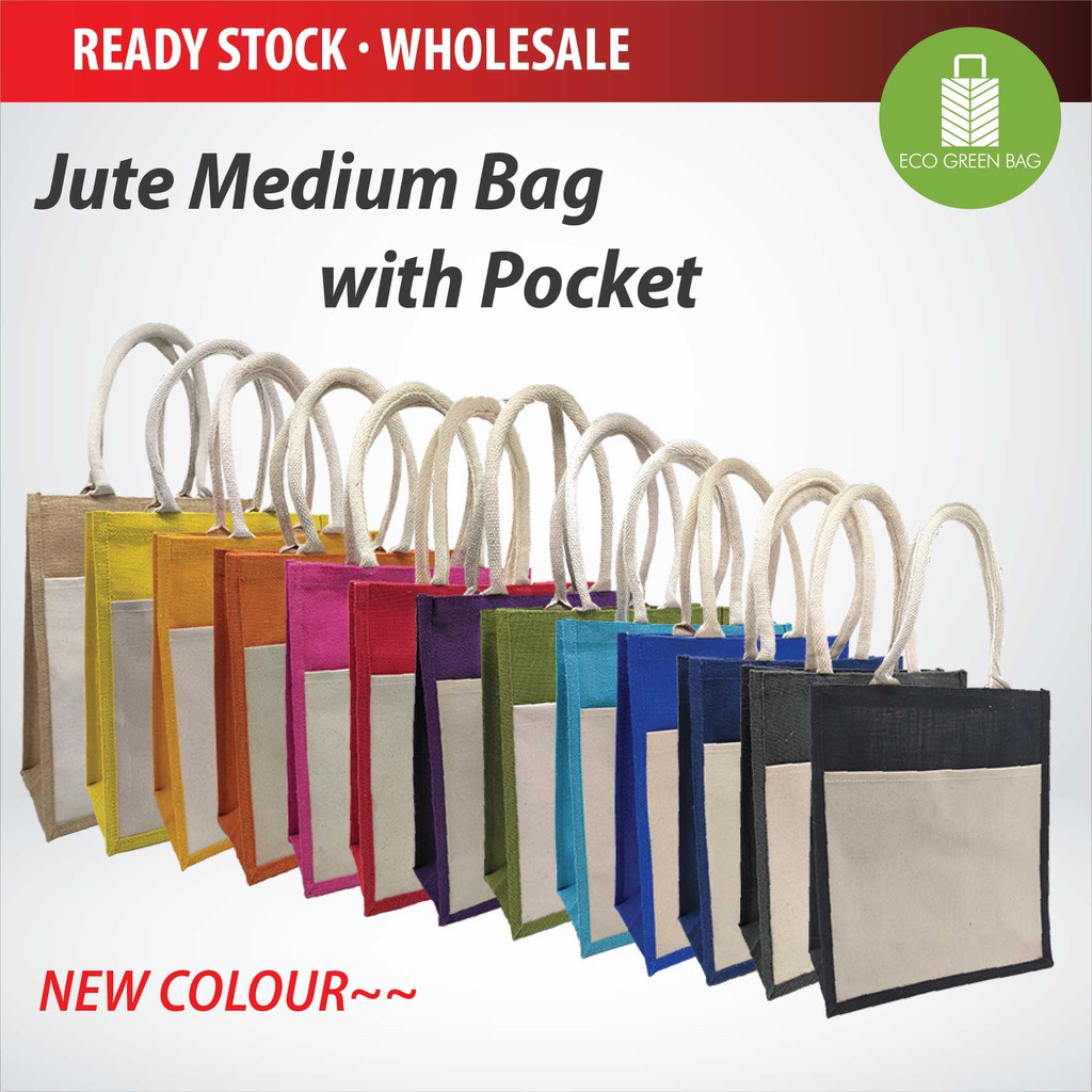 Jute Bag Medium with Laminated Canvas Pocket A4 Beg Jute Medium dengan