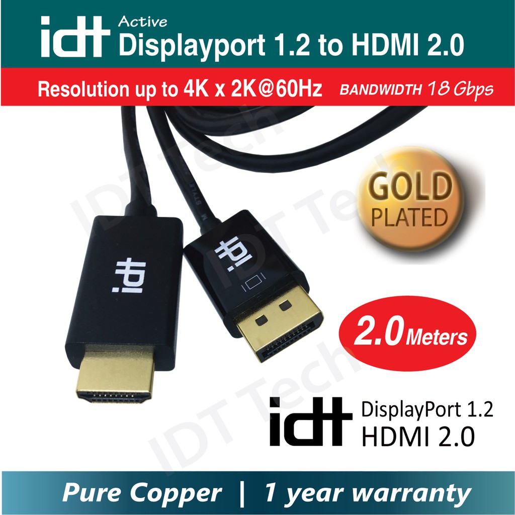 Idt Displayport 1 2 To Hdmi 2 0 Cable 2m Support 1080p 2k 144hz 4k 60hz Bit Rate 18gbps Active Dp To Hdmi Cable Shopee Malaysia