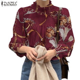 Image of ZANZEA Women Fashion Stand Collar Elastic Nackline Long Puff Sleeve Printed Blouse