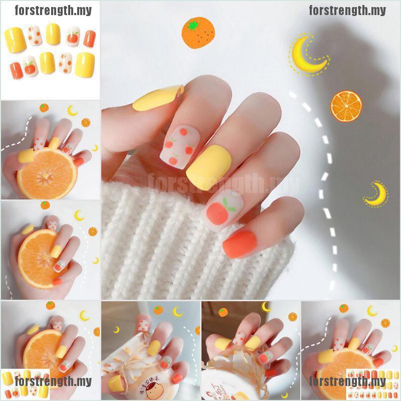 For 24pc Yellow Orange Press On Fake Nails Long Square Full Cover False Na Shopee Malaysia