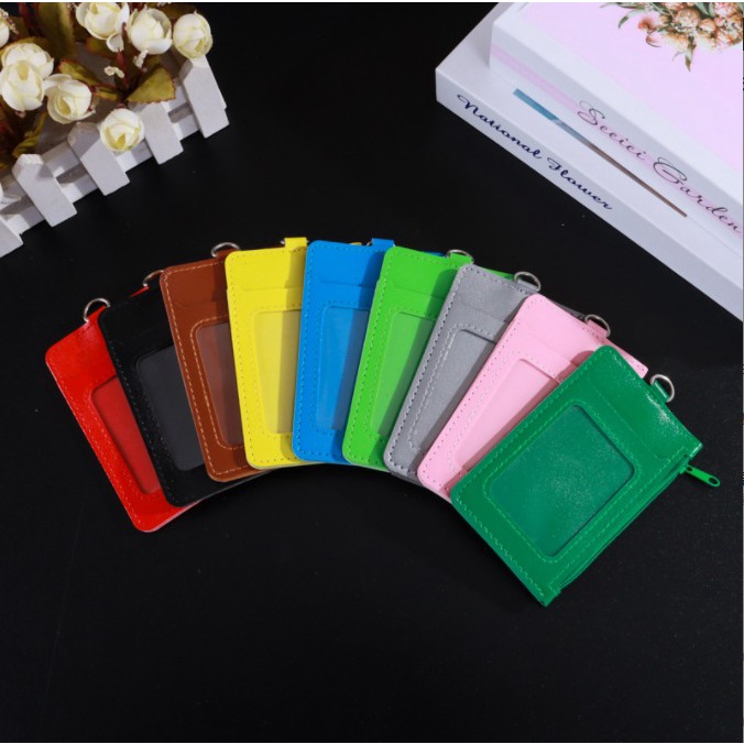 PU Leather ID Card Name Card Holder With 2 Pocket Zipper Name Badge