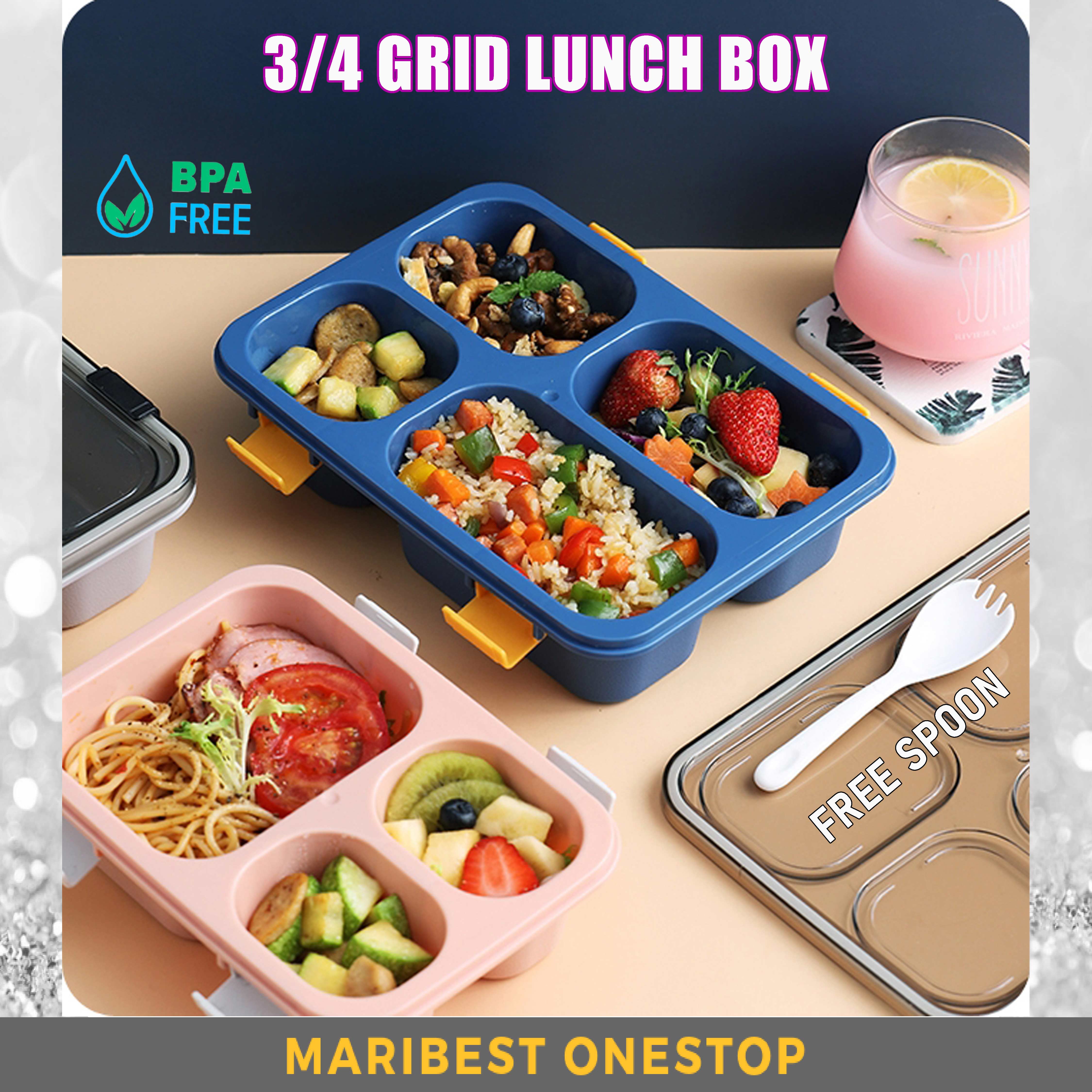 4 GRID/3 GRID LUNCH BOX Bento Box Partition Portable Microwave ...