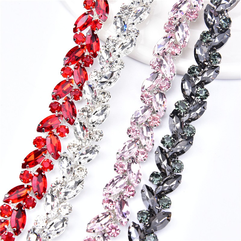 1.5cm width Crystal Rhinestone Glass Metal Copper Chain Colorful Trim DIY Dress Clothes Bags Shoes Accessories