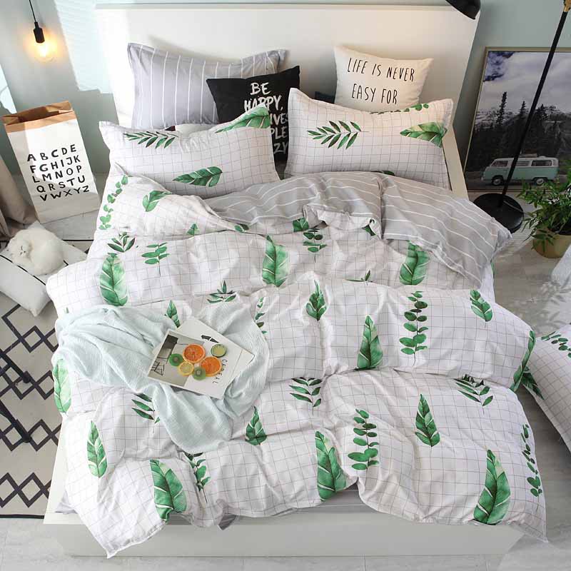 4 In 1 Green Leaf Bedding Set Queen Duvet Cover Flat Sheet