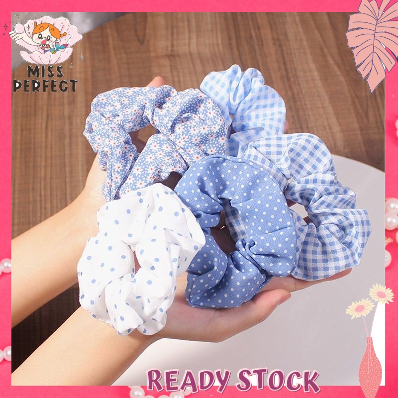 大海蓝色系大肠发圈发绳韩国简约格子扎头发头绳肥肠发饰女Sea Blue Series Large Hair Rings Hair Rope Simple Headband Hair Accessories Female