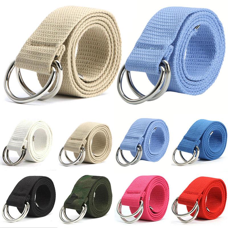 Canvas Band Mens Womens Unisex Double D Ring Buckle Belts Waistband Casual Strap