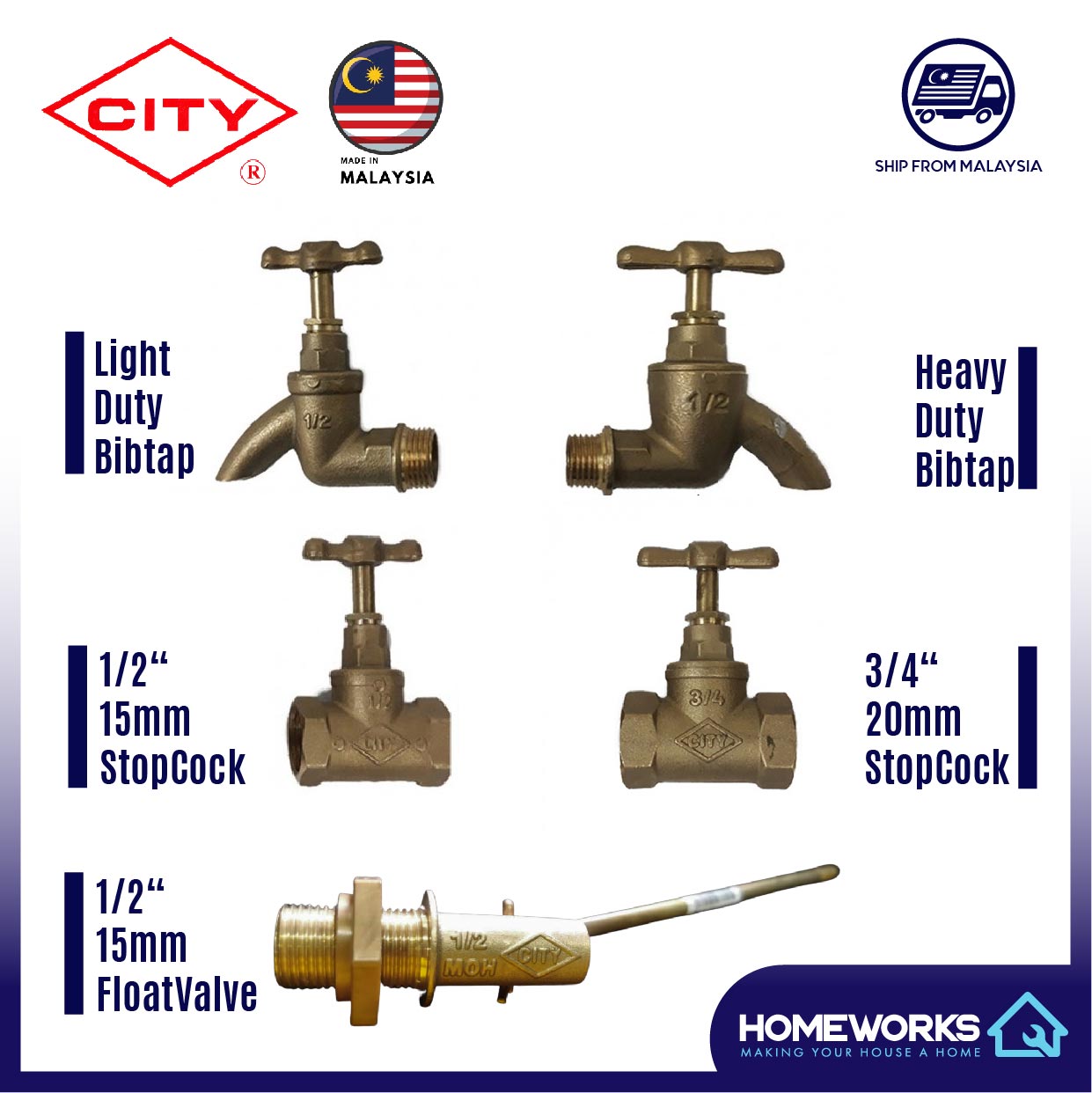 CITY BRASS COPPER 1/2 STOP COCK, 3/4 STOP COCK, H/D DUTY BIB TAP, L/D DUTY BIB TAP AND FLOAT