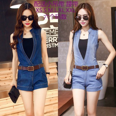 V-neck Denim Shorts Sleeveless Slim Women's Jumpsuit