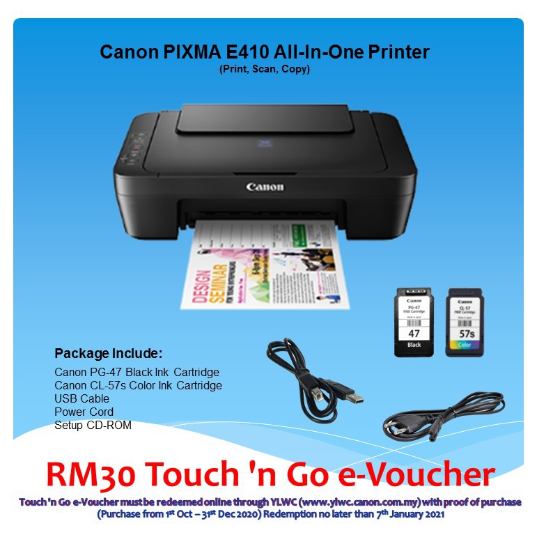 Canon Pixma Ink Efficient E410 All In One Printer Online Redeem Rm30 Touch N Go Ewallet Credit Shopee Malaysia