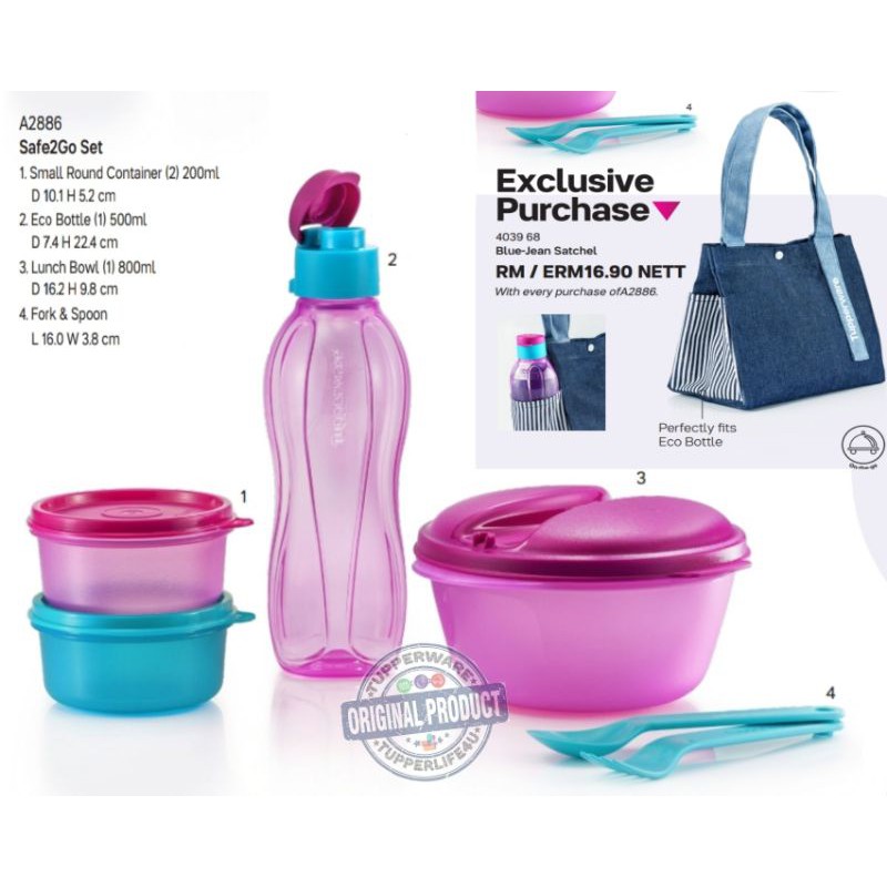 💥Ready Stock - Cat Jan 21💥Tupperware safe 2 go full set with or without Blu Jean bag