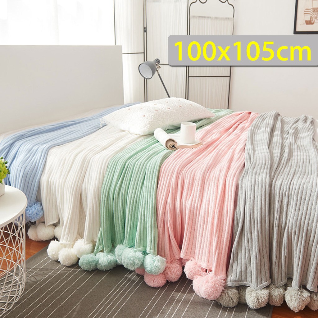 100x105cm Knitting Blanket Cute Pom Pom Sofa Throw Bedroom Comfort Sleep Quilt