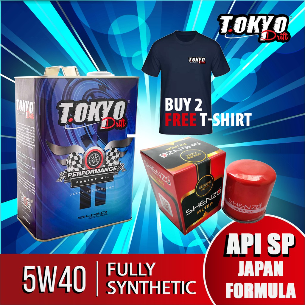[BUY 2 FREE T-SHIRT] 5W40 Engine Oil Fully Synthetic Latest API SP Tokyo Drift 4L With Shenzo High Flow Oil Filter
