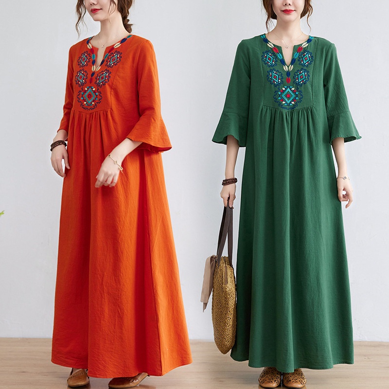 ENO Maxi Dress Embroidered Cotton and Linen Loose V-neck 3/4 Sleeves Lotus Leaf Cuffs Big Pendulum