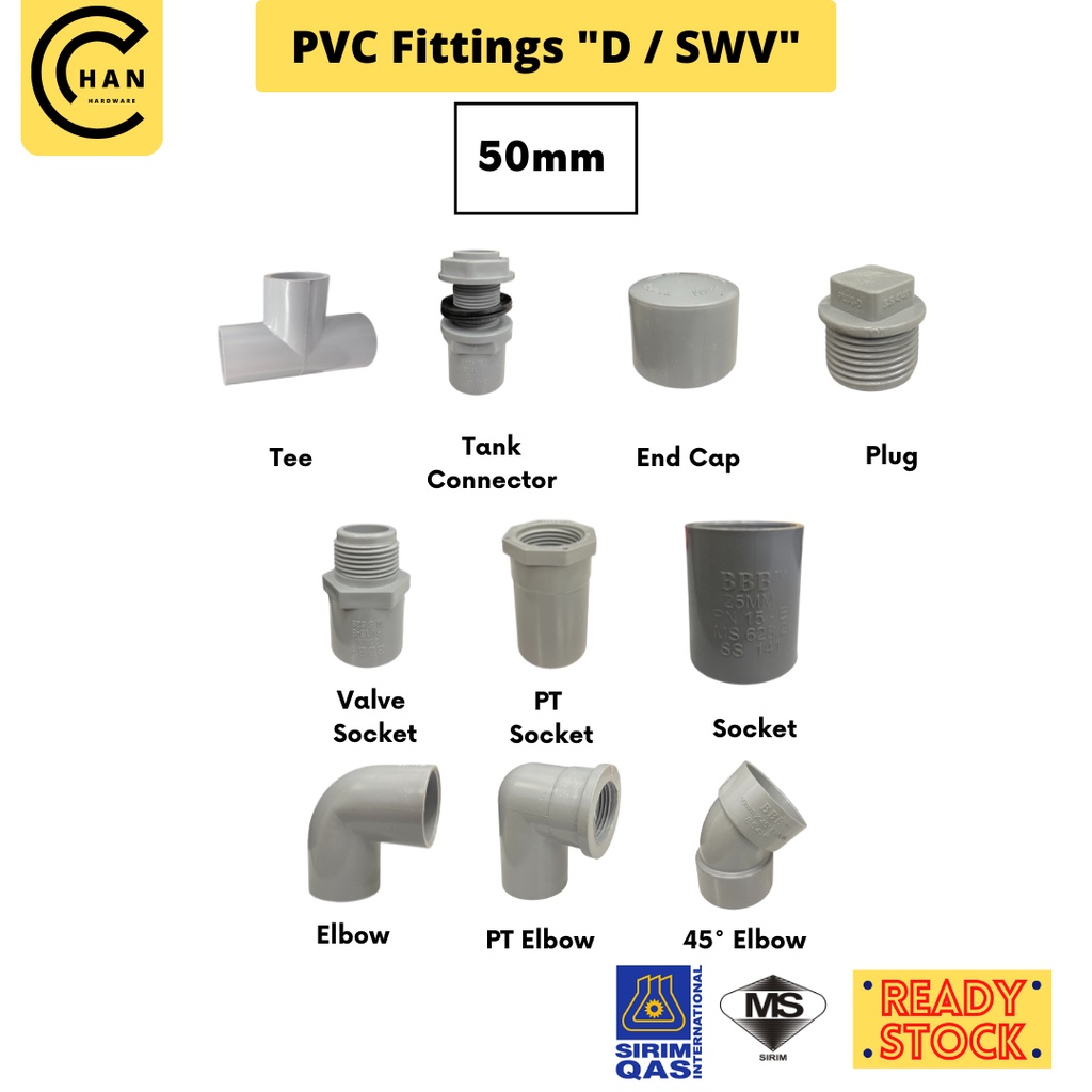 [50mm] PVC Fittings Polyvinyl Chloride Pipe Fittings Class D / SWV Tebal / Nipis SIRIM