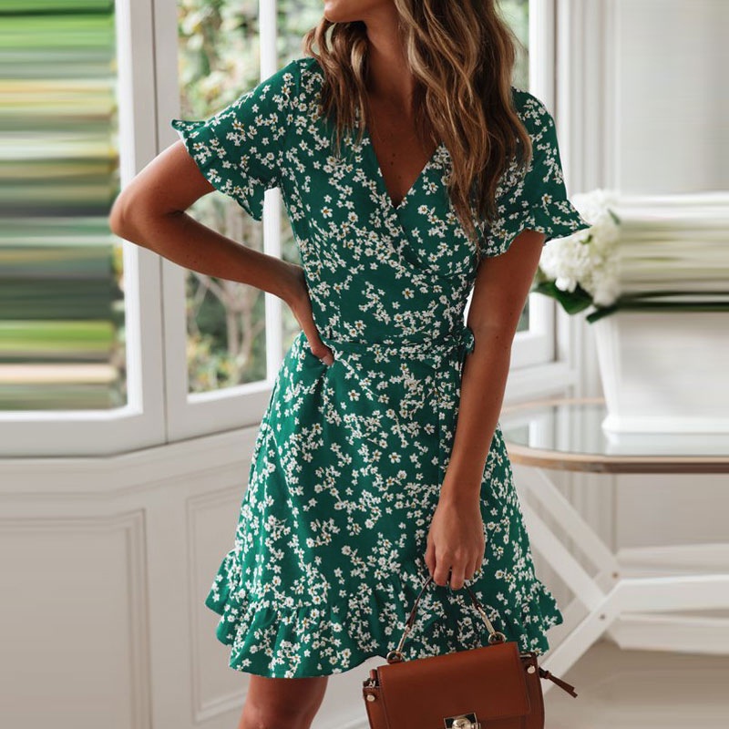 Women Dresses Summer 2023 Sexy V Neck Floral Print Boho Beach Dress Ruffle Short Sleeve A Line Mini Dress Sundress Robe