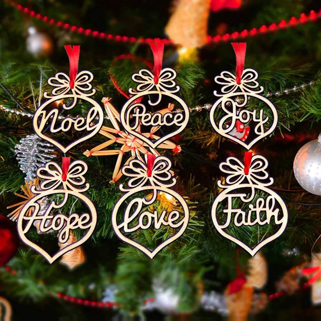 6Pcs Christmas Wooden Hollow Ornaments / Feace Letter Pattern Pendant / Christmas Holiday Wedding Decorations / Xmas Tree Hanging Tags Crafts Pendant Decor