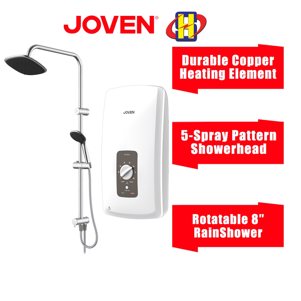 Joven Instant Water Heater (Non-Pump/Rain Shower/White) SC33 Series 5-Spray Pattern Showerhead SC33m-RS