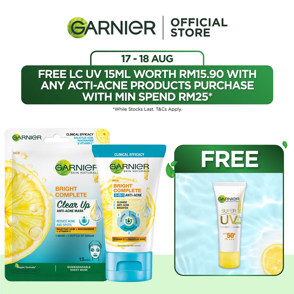 NEW LAUNCH Garnier Bright Complete AntiAcne 3in1 Cleanser 90mL