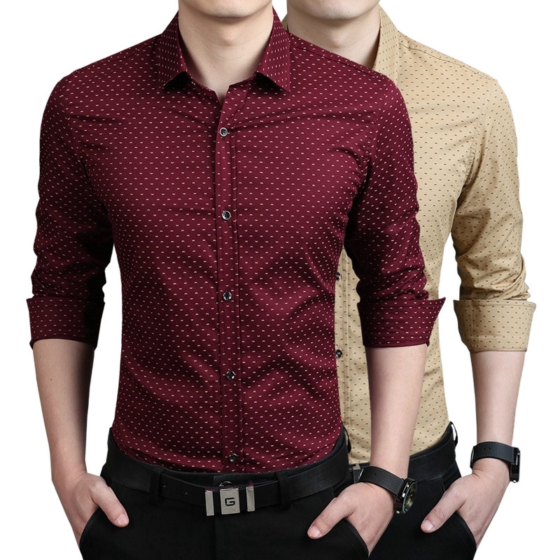 YYG Mens Stylish Buttons Long Sleeve Business Embroidery Print Dress Shirts