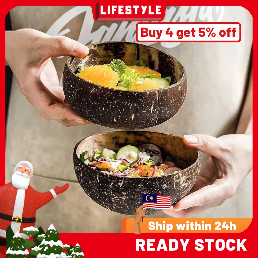 LIFESTYLE Set Perkakas Makan Mangkuk Kelapa Semula Jadi Sudu Garpu Kayu, Set Mangkok Buah, Milkshake Salad Coconut Bowl