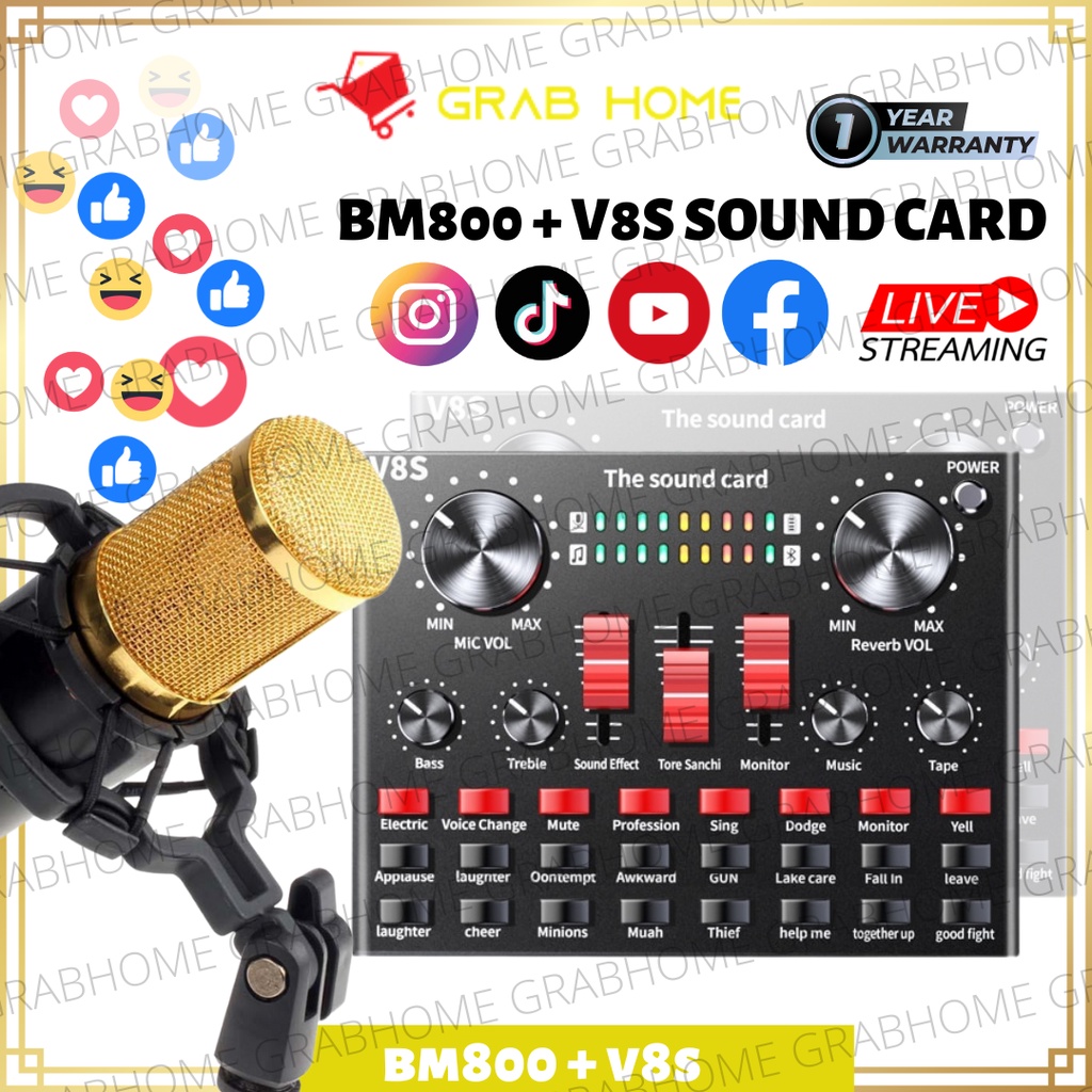 V8S Sound Card + BM800 Live streaming Mic Sound Card Audio Recording