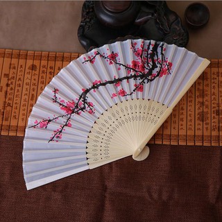 Unqiue Chinese Folding Hand Fan Japanese Cherry Blossom Design Silk Costume RS 