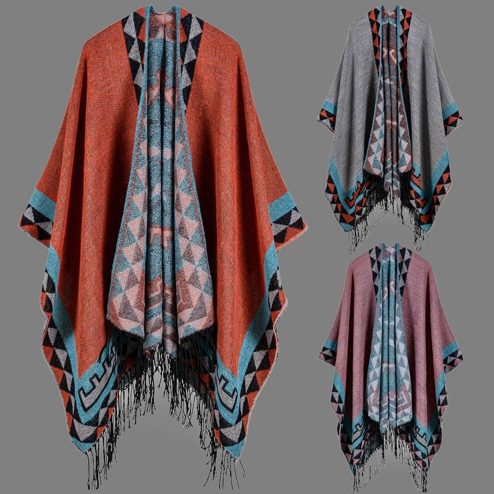 EG/_ Faux Cashmere Women Winter Fashion Geometric Print Tassel Hooded Scarf Shawl