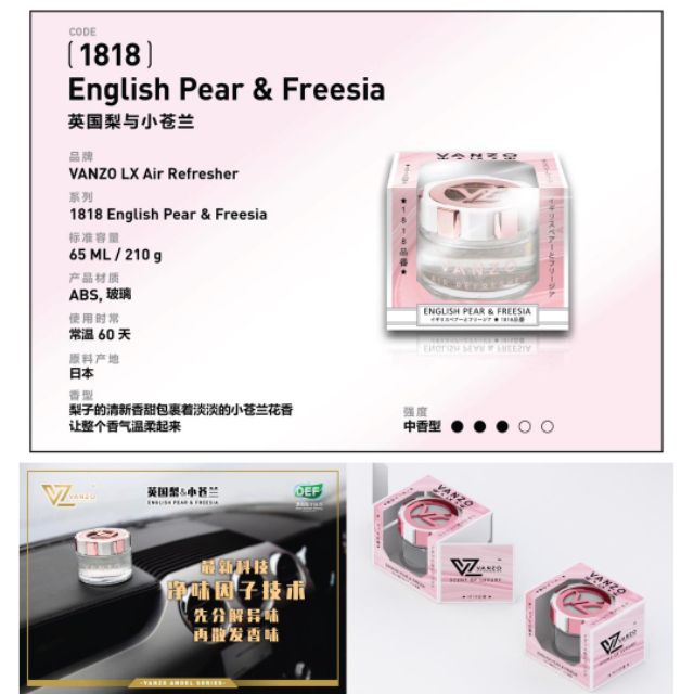 Vanzo Car Air Freshener Pewangi Kereta Car Perfume 1818 English Pear Freesia 65ml Alexnes Online