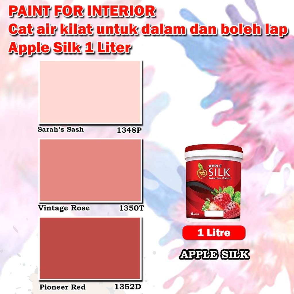 APPLE SILK Washable Interior Wall Finish 1 Litre Sarahs Sash 1348P / Vintage Rose 1350T / Pioneer Red 1352D