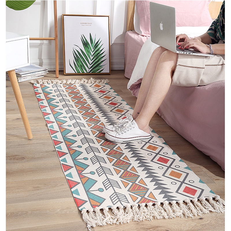 Home boho decor Nordic fresh style tassel Bohemia Handmade cotton Macrame Anti-slip woven bedroom door floor bath mat rug carpet