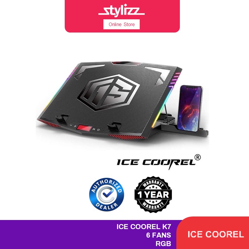 ICE COOREL K7 6 FAN RGB LIGHT COOLERPAD WITH MOBILE PHONE HOLDER - 2USB PORT/3 LEVEL HEIGHT/FOR 19" AND BELOW