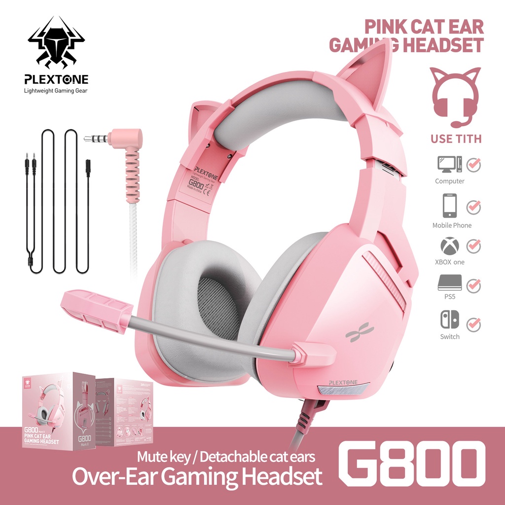 PLEXTONE G800 Pink Cat Ear Gaming Headset Stereo Gaming Headphones Deep ...