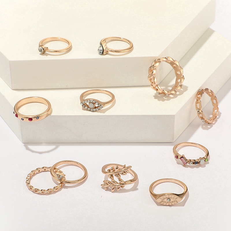 Set di anelli combinati con strass colorati, triangolo creativo, 11 pezzi/set_voghion.com