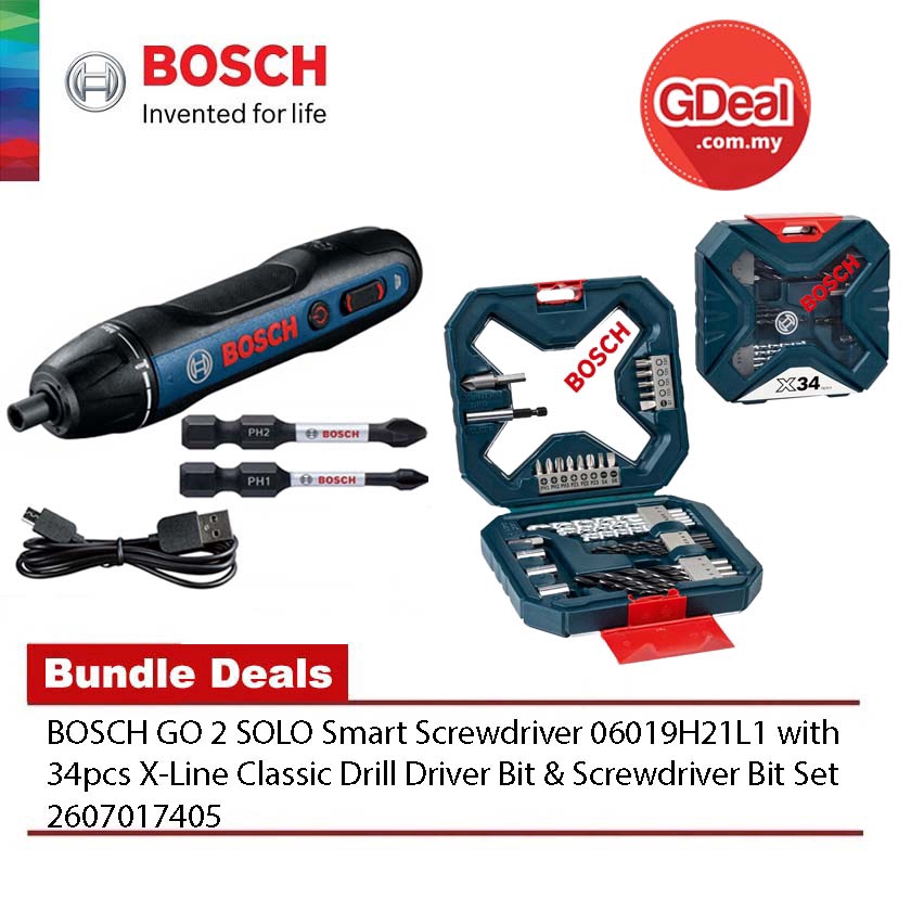 BOSCH GO 2 SOLO Smart Screwdriver 06019H21L1 & 34pcs XLine Drill